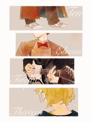  1girl 3boys a_xing black_pants blonde_hair bow bowtie brown_coat character_name coat collared_shirt commentary converse doctor_who ear_chain eleventh_doctor_(doctor_who) gold_ring guitar highres holding holding_plectrum instrument linked_piercing long_sleeves multiple_boys multiple_persona pants piercing playing_guitar playing_instrument plectrum red_bow red_bowtie shirt shoes short_hair striped_clothes striped_pants suspenders tenth_doctor_(doctor_who) the_doctor_(doctor_who) thirteenth_doctor_(doctor_who) twelfth_doctor_(doctor_who) untranslatable_commentary vertical-striped_clothes vertical-striped_pants white_shoes 