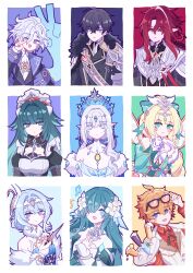  4boys 5girls absurdres ahoge anastasya_feodorovna_snezhnaya aqua_bow black_hair blonde_hair blue_eyes blue_hair blush bow collared_shirt curtained_hair dagger danica_(genshin_impact) detached_sleeves eyewear_on_head finger_to_cheek fins flower fur_trim genshin_impact green_eyes grey_hair hair_between_eyes hair_bow hair_bun hair_flower hair_intakes hair_ornament hair_over_one_eye hand_on_own_chest hand_up head_fins highres holding holding_dagger holding_knife holding_weapon knife long_hair looking_at_viewer maid_headdress mitya_(genshin_impact) multicolored_hair multiple_boys multiple_girls musical_note noy_(genshin_impact) odette_(genshin_impact) open_mouth orange_hair pale_skin palettesarcade pointy_ears red_eyes red_hair shirt short_hair smile tartaglia_(genshin_impact) tiara upper_body v valeriy_(genshin_impact) vesna_(genshin_impact) violet_eyes vodyanitsa_(genshin_impact) weapon white_background white_flower 