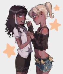  2girls absurdres agnel_(money_for_girls:_amortized) averting_eyes bare_shoulders black_skirt blonde_hair blunt_bangs braces brown_hair cancer_prize_(money_for_girls:_amortized) coin collared_shirt colored_sidelocks commentary cowboy_shot cropped_shirt dark-skinned_female dark_skin denim denim_shorts english_commentary head_tilt highres holding holding_coin holding_hands looking_at_another money_for_girls:_amortized multicolored_hair multiple_girls naomistares nervous_sweating ponytail shirt shorts skirt stomach sweat two-tone_hair wavy_hair white_shirt yuri 