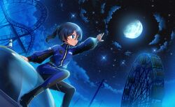  1girl blue_eyes blue_hair blue_track_suit ferris_wheel full_moon game_asset highres mahou_shoujo_madoka_magica mahou_shoujo_madoka_magica_magia_exedra medium_hair moon nagiboshi_sorana night official_art parted_lips roller_coaster side_ponytail star_(sky) tan track_suit two-tone_track_suit 