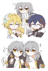  3boys 3girls ^_^ aether_(genshin_impact) ahoge armor arrow_(symbol) badge bare_shoulders belle_(zenless_zone_zero) black_gloves black_jacket black_shirt blonde_hair blue_eyes blue_hair blue_vest blush braid breasts brother_and_sister brown_shirt caelus_(honkai:_star_rail) closed_eyes closed_mouth commentary_request company_connection covered_mouth crossed_bangs crossover detached_sleeves dress dual_persona earrings flower genshin_impact gloves grey_hair hair_between_eyes hair_flower hair_ornament hand_on_another's_shoulder hands_on_own_face hands_up happy heart highres honkai:_star_rail honkai_(series) hood hooded_jacket jacket jewelry letter_hair_ornament long_hair long_sleeves looking_at_viewer low-braided_long_hair low-tied_long_hair lumine_(genshin_impact) medium_breasts mihoyo multiple_boys multiple_girls nemu_(nemu222_n) open_clothes open_jacket open_mouth open_vest orange_eyes ribbon scarf shirt short_hair short_sleeves shoulder_armor siblings sidelocks simple_background single_braid single_earring sleeveless sleeveless_dress smile sparkle speech_bubble stelle_(honkai:_star_rail) t-shirt thought_bubble trailblazer_(honkai:_star_rail) translation_request turtleneck turtleneck_shirt two-sided_fabric two-sided_jacket upper_body v-shaped_eyebrows vest white_background white_dress white_flower white_ribbon white_scarf white_shirt white_sleeves wise_(zenless_zone_zero) yellow_eyes yellow_jacket zenless_zone_zero 