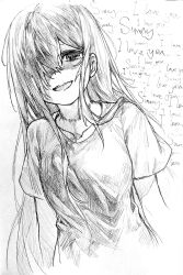 1girl :d absurdres arms_at_sides breasts chinese_commentary collarbone commentary_request cropped_torso english_text greyscale hair_over_one_eye hair_over_shoulder hatching_(texture) highres looking_at_viewer makucrp mari_(faraway)_(omori) mari_(omori) medium_breasts monochrome omori one_eye_covered open_mouth shaded_face short_sleeves simple_background smile solo straight_hair strangulation_mark teeth upper_teeth_only white_background 