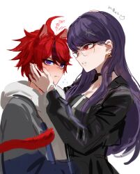  1boy 1girl absurdres animal_ears black_choker black_hair black_jacket blue_eyes blush cat_boy cat_ears cat_tail choker commentary_request earrings flying_sweatdrops fug_uai glasses hair_between_eyes hair_ornament hand_on_another's_cheek hand_on_another's_face hetero highres hood hood_down hoodie jacket jewelry kemonomimi_mode long_hair long_sleeves multicolored_hair purple_hair red_eyes red_hair shizuhara_hiruko simple_background streaked_hair sumino_takumi sweat tail the_hundred_line_-last_defense_academy- translation_request white_background 