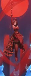  1girl absurdres air_groove_(umamusume) air_groove_(yuukyuu_naru_hecateia)_(umamusume) animal_ears arm_up armpits bare_shoulders black_boots black_corset black_sleeves blue_eyes boots breasts brown_hair corset crown detached_sleeves dress hair_between_eyes highres holding holding_scepter horse_ears horse_girl large_breasts looking_at_viewer moon official_alternate_costume red_dress red_moon scepter short_hair skirt solo starg_solun thigh_boots umamusume 