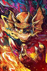  1boy 2025 abstract_background artist_logo black_cape breath_weapon breathing_fire cape colored_sclera colored_skin colorful_background colorized commentary dc_comics dragon_boy english_commentary etrigan fingernails fire highres horns logo male_focus nib_pen_(medium) pen_(medium) red_background red_sclera sharp_fingernails solo traditional_media upper_body vinartwork yellow_skin 