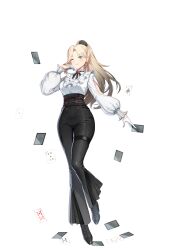  1girl ;) absurdres ace_(playing_card) ace_of_hearts ace_of_spades arm_cutout bell-bottoms black_boots black_flower black_hair black_pants black_ribbon black_rose blonde_hair blue_eyes boots breasts card closed_mouth closers clothing_cutout earrings five_of_spades flower frilled_shirt frills full_body gloves gradient_hair hair_flower hair_ornament hand_up harpy_(closers) heart high-waist_pants highres holding holding_card jewelry large_breasts long_hair long_sleeves looking_at_viewer mole mole_under_eye multicolored_hair neck_flower neck_ribbon nine_of_clubs official_art one_eye_closed pants pink_flower pink_rose playing_card ponytail puffy_long_sleeves puffy_sleeves ribbon rose shirt shirt_tucked_in six_of_diamonds smile solo spade_(shape) standing standing_on_one_leg tachi-e teardrop_earrings ten_of_hearts thigh_strap three_of_spades transparent_background white_gloves white_shirt 