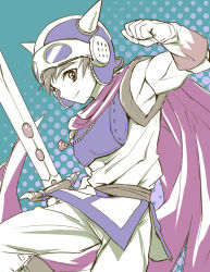  1boy aqua_background armor ayasetaru black_hair black_sash blue_armor blue_helmet brown_eyes cape clenched_hand closed_mouth commentary_request cowboy_shot daikaijuu_monogatari_ii fake_horns fire_shell_hero_(daikaijuu_monogatari_ii) gloves goggles goggles_on_headwear halftone halftone_background helmet highres holding holding_sword holding_weapon horned_helmet horns jewelry kaijuu_monogatari_(series) male_focus necklace pants red_cape sash seashell shell shell_necklace smile solo sword tunic weapon white_gloves white_pants white_tunic 