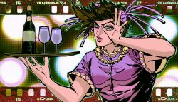  1boy aqua_eyes battle_tendency bottle brown_hair commentary crossdressing crossdressing_(mtf) cup drag_queen dress drinking_glass film_strip gold_necklace hair_ornament highres holding holding_plate jewelry jojo_no_kimyou_na_bouken joseph_joestar joseph_joestar_(tequila) joseph_joestar_(young) male_focus necklace ok_sign parrotwashhead pink_dress plate short_hair short_sleeves solo teeth upper_body wine_bottle wine_glass 