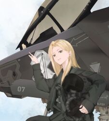  1girl absurdres aircraft airplane blonde_hair blue_sky clouds cockpit earrings english_commentary english_text f-35_lightning_ii fighter_jet flight_suit green_eyes green_jumpsuit hair_behind_ear harry_potter_(series) helmet highres holding holding_unworn_helmet jewelry jumpsuit kumah_dessu long_hair long_sleeves looking_at_viewer malfoid military_uniform military_vehicle outdoors parted_bangs parted_lips pilot pilot_helmet pointing signature sky smile solo unworn_headwear unworn_helmet upper_body wizarding_world 