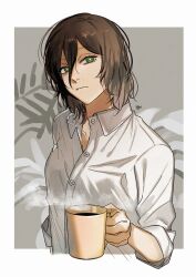  1girl chainsaw_man coffee_mug cup drink green_eyes hair_down highres holding holding_cup holding_drink hot_drink looking_at_viewer mug non-web_source ohisama33ohayo3 oversized_clothes oversized_shirt plant reze_(chainsaw_man) shirt signature sleepy solo steam tagme 