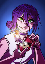  1girl 404_ikasaurus absurdres black_choker chainsaw_man choker collared_shirt english_commentary fire_light green_eyes hair_between_eyes hair_bun highres jewelry lighter lit_fuse long_hair_between_eyes marriage_proposal proposing_to_viewer purple_background purple_hair purple_theme reze_(chainsaw_man) ring ring_box shirt short_hair simple_background sleeveless sleeveless_shirt smirk solo underlighting upper_body vignetting wedding_ring 