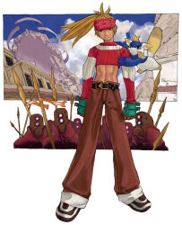  1boy 6+others ambiguous_gender bad_id belt belt_buckle black_belt black_shoes brown_pants buckle closed_mouth coat colored_eyelashes creature cropped_sweater day floating_hair full_body ginball green_eyes hakua_ugetsu headband helmet holding holding_polearm holding_weapon ling_rise looking_at_viewer male_focus medium_hair midriff multiple_others official_art outdoors pants pateyu polearm ponytail red_coat red_headband red_sweater shoes spear sweater weapon yellow_eyes 