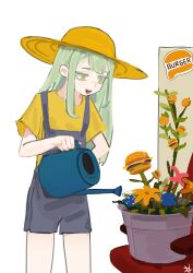  1girl :d absurdres alternate_costume apron bang_dream! bang_dream!_it's_mygo!!!!! blue_apron burger commentary flower food gardening green_hair hat highres holding holding_watering_can long_hair lunafeast open_mouth plant potted_plant shirt short_sleeves simple_background smile solo standing straw_hat teeth upper_teeth_only wakaba_mutsumi watering watering_can white_background yellow_eyes yellow_shirt 