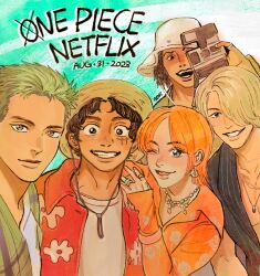  1girl 4boys black_hair black_shirt blonde_hair camera commentary copyright_name dated earrings english_commentary floral_print floral_print_shirt green_hair grin hand_on_another's_shoulder hat holding holding_camera jewelry looking_at_viewer monkey_d._luffy multiple_boys multiple_rings nami_(one_piece) necklace nok_(nok_1) one_eye_closed one_piece one_piece_(live_action) orange_hair orange_shirt print_shirt red_shirt ring roronoa_zoro sanji_(one_piece) shirt short_hair smile straw_hat straw_hat_pirates upper_body usopp white_hat white_shirt 