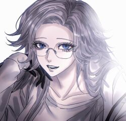  1girl abashuxiadeabaguai absurdres adjusting_hair aotsuki_eito black_gloves eyelashes genderswap genderswap_(mtf) glasses gloves grey_hair hands_up highres jacket long_hair looking_at_viewer open_mouth solo the_hundred_line_-last_defense_academy- upper_body violet_eyes white_background white_jacket 