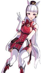 1girl absurdres animal_ears armband blunt_bangs blush boots bow breasts brown_hat dress ear_bow ear_ribbon gloves gold_ship_(red_strife)_(umamusume) gold_ship_(umamusume) grey_hair hat highres horse_ears horse_girl horse_tail long_hair looking_at_viewer medium_breasts open_mouth pantyhose pillbox_hat red_bow red_dress ronununn simple_background sleeveless sleeveless_dress smile solo striped_armband striped_clothes tail umamusume v violet_eyes white_background white_boots white_gloves white_pantyhose 