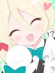  !? 1girl absurdres blonde_hair blue_bow blush bow closed_eyes commentary_request facing_viewer hand_puppet heart highres magical_girl mahou_shoujo_ikusei_keikaku mahou_shoujo_ikusei_keikaku_f2p medium_hair open_mouth puppet puppeta red_bow teepa 