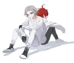  2boys absurdres aotsuki_eito back-to-back black_gloves black_pants blue_eyes closed_mouth commentary commentary_request eyelashes fug_uai glasses gloves grey_hair highres long_sleeves looking_at_viewer male_focus multicolored_hair multiple_boys pants red_hair revision shirt shoes simple_background sitting sumino_takumi the_hundred_line_-last_defense_academy- white_background white_pants white_shirt 