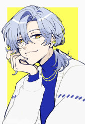  1boy absurdres blue_shirt border closed_mouth ear_piercing enonko grey_border grey_hair hair_between_eyes hand_up highres jacket jewelry long_sleeves male_focus milan_kestrel nijisanji orange_eyes piercing puffy_long_sleeves puffy_sleeves ring shirt smile solo upper_body virtual_youtuber white_jacket yellow_background 