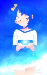 1girl artist_name blue_hair blue_shirt blue_skirt blue_sky bow casual closed_eyes closed_mouth commentary cut_bangs double_exposure energy_ball facing_viewer hair_bow happy highres hirogaru_sky!_precure holding kyanos_(b_0000ff) long_sleeves looking_at_viewer medium_hair miniskirt outdoors pleated_skirt precure shirt side_ponytail signature single_sidelock skirt sky smile solo sora_harewataru standing t-shirt two-tone_shirt watermark white_shirt yellow_bow