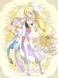  1girl :d ;d artist_name blonde_hair boots braid character_request colorful copyright_request dated fingerless_gloves frilled_boots frills full_body garter_straps gloves grin hair_ribbon hand_on_own_hip high_ponytail highres long_hair looking_at_viewer magical_girl midriff navel one_eye_closed ponytail red_eyes ribbon serizawa_serizane shirt shorts side_braids single_braid smile solo standing star_(symbol) teeth thigh-highs twitter_username watermark white_boots white_shirt white_shorts white_thighhighs 