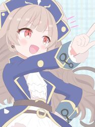  1girl absurdres belt blush captain_grace commentary_request fang grey_hair hand_on_own_hip hat highres long_hair magical_girl mahou_shoujo_ikusei_keikaku mahou_shoujo_ikusei_keikaku_limited open_mouth pirate_costume pirate_hat pointing red_eyes smile teepa 