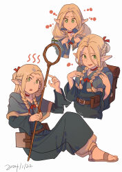  1girl absurdres ambrosia_(dungeon_meshi) belt belt_pouch blonde_hair blue_cape blue_dress braid braided_sidelocks brown_belt cape commentary_request dated dress dungeon_meshi full_body green_eyes hair_undone highres holding holding_own_hair holding_staff long_hair marcille_donato mujiangzhi multiple_views pointy_ears pouch sidelocks simple_background staff upper_body white_background 