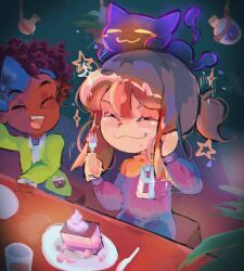  2girls :3 a_hat_in_time absurdres animal_on_head animalization blue_skirt bottle bow_kid brown_hair cake cake_slice cape cat child closed_eyes closed_mouth commentary crumbs cup dark-skinned_female dark_skin drink drinking_glass facing_another food food_on_face fork frilled_sleeves frills green_jacket hand_on_own_cheek hand_on_own_face hand_on_table hand_up hands_up hanging_plant hat_kid highres holding holding_fork jacket kinky_hair knife long_hair long_sleeves lying missing_headwear multiple_girls on_head on_stomach open_clothes open_jacket open_mouth plant plate ponytail potted_plant purple_jacket shirt short_hair sidelocks sitting skirt smile snatcher_(a_hat_in_time) snoweater sparkle star_(symbol) teeth untranslatable_commentary upper_teeth_only white_shirt yellow_cape zipper_pull_tab 