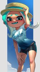  1girl absurdres aqua_eyes aqua_hair aqua_tongue armpit_peek bike_shorts blush boater_hat breasts clouds colored_eyebrows colored_tongue commentary day fangs gradient_clothes gradient_shirt hand_on_own_knee highres knees looking_at_viewer medium_hair octoling octoling_girl octoling_player_character open_mouth phonixlight pillarboxed shirt short_eyebrows sky small_breasts solo splatoon_(series) splatoon_3 sweat t-shirt tentacle_hair 