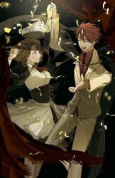  1boy 1girl ;) absurdres alcutek_cry arm_up blazer blue_eyes blurry blurry_foreground blush brown_hair cape celebration chain commentary_request confetti corset couple cross-laced_clothes curtains dancing dark_background depth_of_field dynamic_pose fangs floating_hat foreshortening frilled_skirt frills glowing gold_chain highres holding_hands jacket jacket_on_shoulders juliet_sleeves layered_skirt light_particles long_sleeves looking_at_another maid necktie one_eye_closed open_mouth puffy_sleeves reaching reaching_towards_viewer red_hair red_shirt shirt short_hair short_necktie skirt smile spiky_hair suit surprised tears umineko_no_naku_koro_ni unworn_headwear ushiromiya_battler wavy_hair white_suit wind yasu_(umineko) 