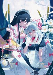  2girls absurdres apron bamboo between_fingers black_choker black_hair black_nails black_shoes bow bowtie branch choker cigarette closed_mouth cup dessert enmaided expressionless figure_four_sitting flower food frilled_apron frills fujiwara_no_mokou full_moon hair_between_eyes hair_bow hand_on_another's_head highres holding holding_cigarette houraisan_kaguya japanese_clothes jeweled_branch_of_hourai kimono kneehighs long_hair long_sidelocks long_sleeves looking_at_viewer maid maid_headdress middle_finger moon multiple_girls multiple_hair_bows nail_polish night on_table outdoors pink_kimono puffy_short_sleeves puffy_sleeves red_bow red_bowtie red_eyes red_nails saucer shoes short_sleeves sidelocks signature sitting smoke smoking socks song113 table teacup teapot tiered_tray touhou very_long_hair wa_maid white_apron white_flower white_hair white_socks white_wrist_cuffs wrist_cuffs 