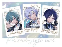  3boys ahoge aiguillette alternate_costume animal_print aqua_hair ascot bishounen black_bow black_bowtie black_gloves black_hair black_jacket blue_eyes blunt_ends border bow bowtie bright_pupils character_name claw_pose closed_mouth collared_shirt collared_vest commentary_request contrast_collar crossed_bangs curtained_hair drawn_ears dress_shirt eyelashes eyeliner fingernails formal_clothes genshin_impact gloves hair_between_eyes hair_intakes half_gloves heart heart_print jacket lapels lohen_(genshin_impact) looking_at_viewer makeup mitya_(genshin_impact) multiple_boys open_hand open_mouth parted_bangs photo_(object) polaroid_photo purple_hair purple_vest rabbit_print red_eyeliner red_pupils scaramouche_(genshin_impact) shirt smile suit_jacket syerii traditional_bowtie tsurime undershirt v vest violet_eyes wanderer_(genshin_impact) white_ascot white_border white_mouth white_pupils white_shirt wing_collar wingtip_collar wispy_bangs wolf_cut wristband 