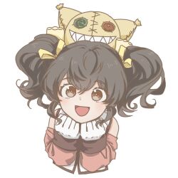  1girl anise_tatlin bare_shoulders black_hair brown_eyes commentary_request cropped_torso gloves hair_between_eyes hair_ribbon long_hair looking_at_viewer nisyokudan open_mouth pink_sleeves ribbon solo tabard tales_of_(series) tales_of_the_abyss tokunaga_(tales) twintails upper_body white_background white_gloves white_tabard yellow_ribbon 