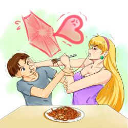  1boy 1girl blonde_hair blue_eyes brown_hair commentary dress english_commentary food gundam heart holding holding_food katejina_loos long_hair looking_at_another maxcopyx meatball pasta red_eyes shirt sleeveless sleeveless_shirt spaghetti spaghetti_and_meatballs uso_ewin victory_gundam 