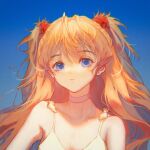  1girl bangs bare_shoulders blue_background blue_eyes choker collarbone expressionless gradient gradient_background hairpods highres long_hair looking_at_viewer neon_genesis_evangelion orange_hair portrait simple_background solo souryuu_asuka_langley spaghetti_strap two_side_up white_choker xian520041 
