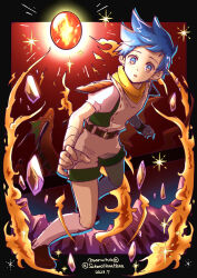  1girl absurdres bad_id bad_pixiv_id bandaged_arm bandages belt blue_eyes blue_hair breath_of_fire breath_of_fire_iii brown_belt brown_shirt brown_shorts dated dragon_wings gem highres maruno orange_scarf puffy_short_sleeves puffy_sleeves ryu_(breath_of_fire_iii) scarf shirt short_hair short_sleeves shorts solo twitter_username wings 