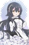  1girl animal_costume black_hair blush dress frilled_dress frills gloves headphones highres humboldt_penguin_(kemono_friends) kemono_friends long_hair looking_at_viewer megumi_222 multicolored_hair open_mouth penguin_costume penguin_girl purple_hair simple_background smile solo yellow_eyes zipper 