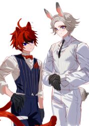  2boys absurdres ahoge alternate_costume animal_ears aotsuki_eito black_gloves black_necktie black_streaks blue_eyes blue_pants blue_vest bow bowtie cat_boy cat_ears cat_tail commentary_request eyelashes frown fug_uai glasses gloves grey_hair highres kemonomimi_mode looking_at_viewer male_focus multicolored_hair multiple_boys necktie pants rabbit_boy rabbit_ears rabbit_tail red_bow red_bowtie red_hair revision shirt short_hair simple_background smile streaked_hair striped_clothes striped_vest sumino_takumi tail the_hundred_line_-last_defense_academy- two-tone_hair vest white_background white_pants white_shirt white_vest 