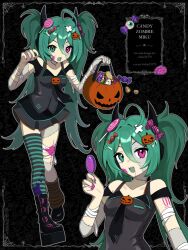  1girl ahoge alternate_costume aqua_hair artist_name bandaged_arm bandages black_background black_horns black_necktie brain candy candy_corn cross_hair_ornament english_commentary english_text fang food food-themed_hair_ornament green_eyes hair_ornament halloween halloween_bucket hatsune_miku heterochromia highres holding holding_candy holding_food holding_halloween_bucket holding_lollipop horns lollipop lollipop_hair_ornament long_hair looking_at_viewer multiple_views necktie number_print number_tattoo pink_eyes pumpkin_hair_ornament simple_background spring_onion_hair_ornament stitches tattoo twintails vickie_(cryingrobot) vocaloid zombie 