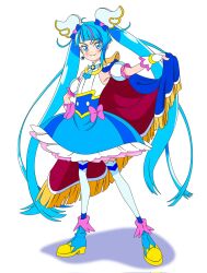  1girl ankle_boots blue_boots blue_cape blue_dress blue_eyes blue_hair boots bow brooch cape cape_hold closed_mouth commentary cure_sky cut_bangs detached_sleeves dress dress_bow earrings fingerless_gloves frilled_dress frills fringe_trim full_body gloves hair_ornament hand_on_own_hip highres hirogaru_sky!_precure jewelry long_hair looking_at_viewer magical_girl medium_dress multicolored_hair pink_bow pink_hair precure puffy_detached_sleeves puffy_sleeves red_cape shadow shinonome_sakura simple_background single_earring single_sidelock sleeveless sleeveless_dress smile solo sora_harewataru standing streaked_hair thigh-highs twintails two-sided_cape two-sided_fabric two-tone_dress two-tone_hair very_long_hair white_background white_dress white_gloves white_thighhighs wing_brooch wing_hair_ornament 