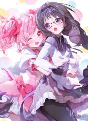  2girls :o ;d absurdres akemi_homura black_hair black_hairband black_pantyhose blue_eyes choker commentary_request cowboy_shot dotori_(seulseul) dress from_side glasses gloves hairband highres hug hug_from_behind jacket kaname_madoka kaname_madoka_(magical_girl) long_hair looking_at_another mahou_shoujo_madoka_magica mahou_shoujo_madoka_magica_(anime) medium_hair multiple_girls one_eye_closed open_mouth pantyhose pink_choker pink_dress pink_eyes pink_hair smile white_gloves white_jacket wink 