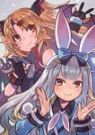  2girls akatsuki_uni animal_ears bangs bare_shoulders bat_(animal) black_gloves blonde_hair blue_bow bow closed_mouth crescent glove_bow gloves gradient gradient_background hair_bow hair_ornament hairclip hands_up long_hair long_sleeves mochizuki_himari multiple_girls orange_eyes partially_fingerless_gloves rabbit_ears red_bow ringed_eyes rumie sleeve_cuffs smile star_(symbol) thumbs_up two_side_up uni_create v-shaped_eyebrows virtual_youtuber yellow_eyes zipper zipper_pull_tab 