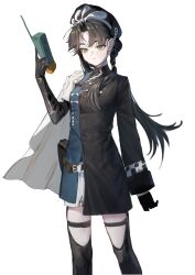  1girl absurdres artist_request beret black_boots black_dress black_gloves black_hair black_hat boots cape cellphone chinstrap closed_mouth commission dress feet_out_of_frame gloves hat highres holding holding_phone liang_yue_(reverse:1999) long_hair low_twintails phone police police_uniform policewoman reverse:1999 second-party_source short_dress side_cape solo thigh_boots twintails white_background white_cape yellow_eyes 