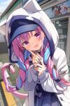  1girl :d animal_hood bangs baseball_cap blue_choker blue_hair blue_nails blue_skirt blurry blush braid cat_tail choker commentary_request familymart hat highres hololive hood hood_up hooded_jacket index_finger_raised jacket long_sleeves looking_at_viewer minato_aqua multicolored_hair nail_polish neko_(minato_aqua) open_clothes open_jacket pink_hair pleated_skirt ribbon ribbon_choker skirt smile solo summer_tail720 tail tail_ornament tail_ribbon twin_braids twintails two-tone_hair violet_eyes virtual_youtuber white_jacket 