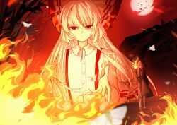  2girls absurdres bamboo bow chinese_commentary collared_shirt commentary_request dual_persona fire fujiwara_no_mokou fujiwara_no_mokou_(young) full_moon grey_hair grey_kimono hair_bow highres holding holding_torch japanese_clothes kimono long_hair long_sleeves moon multiple_girls red_eyes red_moon red_sky shirt short_hair sky suspenders torch torn_clothes torn_sleeves touhou white_shirt wide_sleeves xing_ning 
