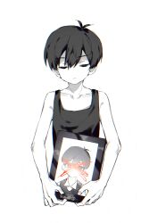  1boy absurdres antenna_hair black_hair black_tank_top chinese_commentary closed_eyes collarbone colored_skin commentary_request double-parted_bangs dual_persona hair_between_eyes highres makucrp male_focus omori omori_(omori) short_hair simple_background solo sunny_(omori) tank_top white_background white_skin 