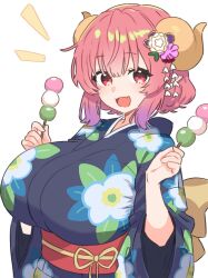  1girl blue_kimono breasts commentary curled_horns dango dragon_girl dragon_horns fang floral_print floral_print_kimono food gradient_hair hair_ornament holding horns huge_breasts ilulu_(maidragon) japanese_clothes kanzashi kimono kobayashi-san_chi_no_maidragon looking_at_viewer multicolored_hair notice_lines obi obijime open_mouth print_kimono purple_hair red_eyes red_hair sanshoku_dango sash short_hair simple_background skin_fang smile solo upper_body wagashi white_background wide_sleeves xxskreamlo87809 