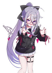  1girl absurdres ahoge banteu black_bow black_cardigan blush bow buttons cardigan claw_pose commentary fang feet_out_of_frame flat_chest gem grey_hair hair_bow hands_up highres hololive hololive_english jewel_under_eye koseki_bijou koseki_bijou_(school_uniform) large_bow long_hair miniskirt neckerchief o-ring o-ring_thigh_strap open_mouth pink_bow pleated_skirt ponytail red-framed_eyewear red_nails red_neckerchief red_ribbon ribbon round_eyewear school_uniform serafuku shirt sidelocks simple_background skin_fang skirt smile solo sparkle_hair_ornament teardrop-framed_glasses thigh_strap very_long_hair virtual_youtuber white_background white_serafuku white_shirt white_skirt wings 
