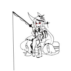  1girl arknights ascot boots double-parted_bangs dress fishing fishing_rod full_body gloves greyscale hair_between_eyes hair_ornament hair_stick hat highres knee_boots long_hair low_twintails monochrome oldiron simple_background skadi_(arknights) skadi_the_corrupting_heart_(arknights) solo spot_color twintails white_background 