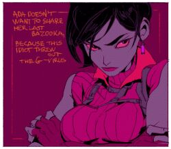  1girl ada_wong bare_shoulders black_hair border breasts chest_harness colored_sclera commentary crossed_arms dress earrings english_commentary english_text fingerless_gloves gloves harness jewelry medium_breasts portrait red_dress red_lips red_sclera resident_evil resident_evil_2 short_hair sleeveless sleeveless_dress solo vitaliy_shushko white_border 